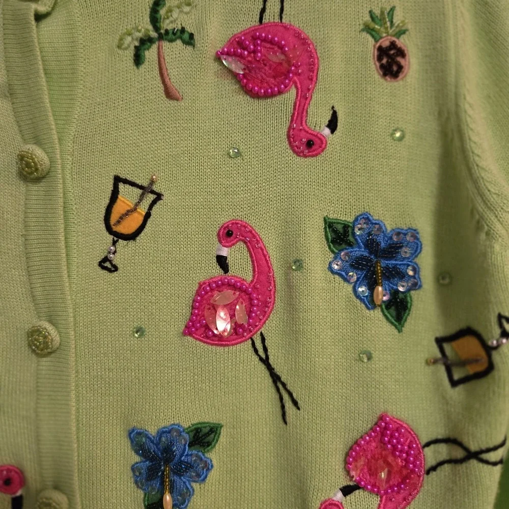 Berek Size S Green Twinset Embroidered Beaded Cocktails Flowers Flamingo Sweater - Picture 2 of 9